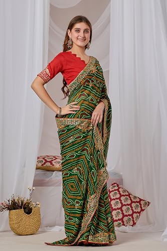 Image of Women's Georgette Bandhani Printed Embroidery Saree with Unstitched Blouse Piece