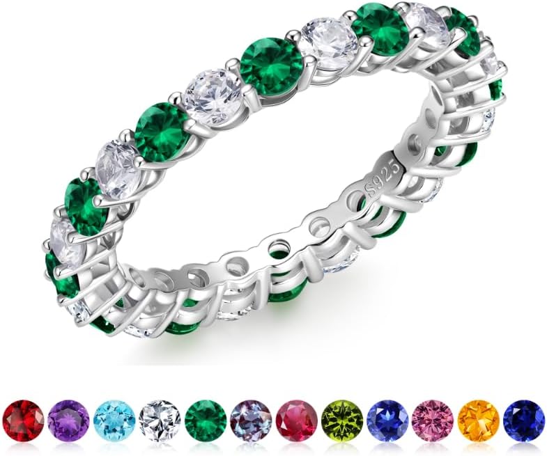 Iefil Eternity Rings for Women, Size 5-9 Sterling Silver Birthstone Gemstone Rings Wedding Eternity Band for Women
