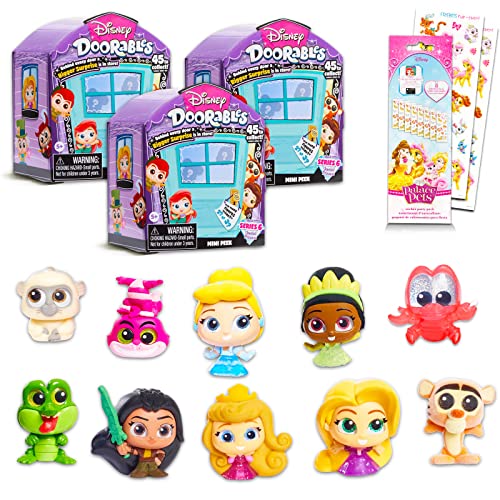Disney Doorables Series 6 Mega Pack - Bundle with 3 Disney Doorables Mini Peek Figures for Kids and Adults Plus Palace Pets Stickers (Disney Collectibles, Disney Toys)
