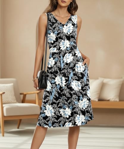 Image of NILOUFO Sleeveless Dress for Women Summer Knee Length Sundress with Pockets | Sundresses for Women Tank Empire Waist Sun Dress Cold Shoulder Casual V Neck Midi Dress Flowy Summer Dresses for Women