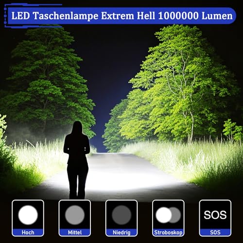 Jayxinli Taschenlampe LED Aufladbar 1,000,000 Lumen, Extrem Hell, Starke, 5 Lichtmodi, Zoombar, 5000 mAh Batte, IPX7 Wasserdicht Taschenlampen für Camping, Outdoor, Notfäll – Bild 3