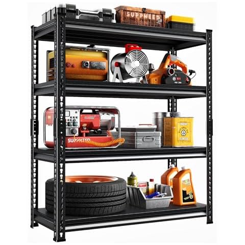 SUPPNEED Adjustable Shelving Units and Storage, 48”W Garage Shelving Heavy Duty,2000LBS Loads 4-Tier Garage Storage Shelves, Metal Shelves for Living Room,Pantry,48”W×16”D×72”W,Black Cover