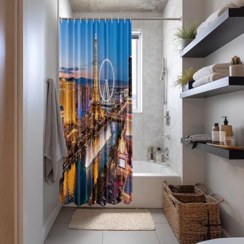 Shrahala Night USA Skyline Decorative Shower Curtain, Las Vegas Nevada Skyline Shower Stall Bathtubs Bathroom Decor Waterproof Funny 72x72 Inch by Shrahala - Used condition - Image 6