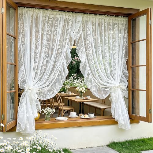 White Little Flower Knitted Lace Curtain with Ruffles for Daughters Bedroom