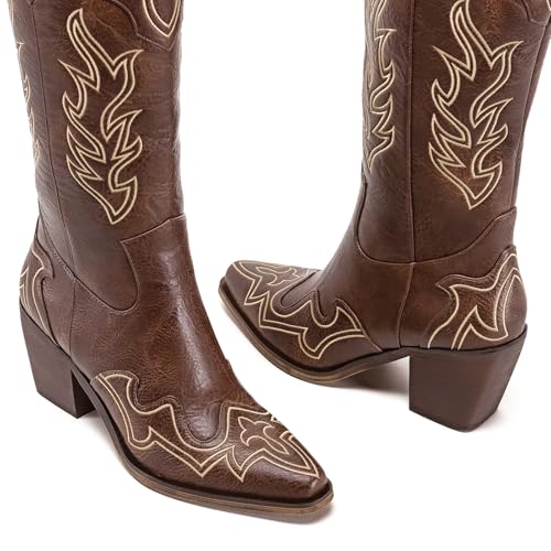 Image of ADAMUMU Womens Wide Calf Cowboy Boots Classic Western-Style Cowboys Boots for Women Pointed Toe Womens Cowgirl Boots with Chunky Heel Non-Slip Sole for Adding Timeless Elegance to Your Wardrobe