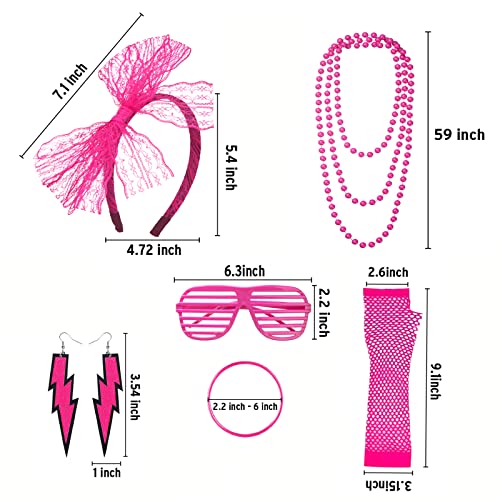 FACATH 80s Neon Necklaces Bracelets Fishnet Gloves Lace Bow Headband Neon Earrings 1980s Fancy Dress Accessories Green Party Costume for Women Girls Ladies (Rose Red) - Image 2