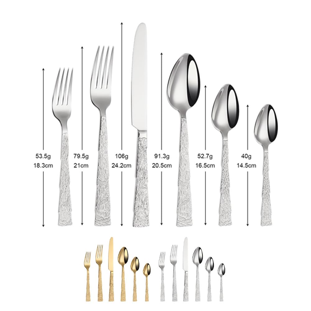 Juego de Cubiertos de Acero Inoxidable con diseño de Piedra en Relieve, Cuchillo, Tenedor y Cuchara, vajilla de Cocina, Cubiertos para Carne, cucharilla (Plata, 24 Piezas)