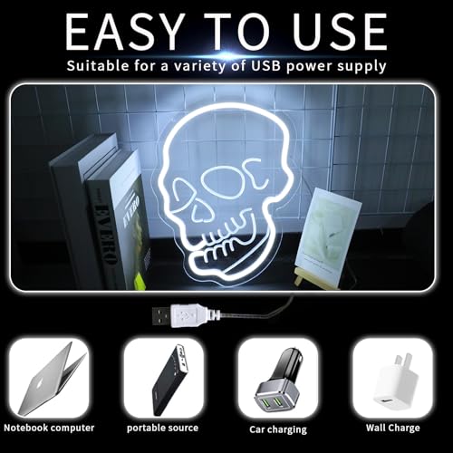 Image of ENUOLI Skull Neon Sign, White Ghost Dimmable LED Night Light, USB Powered, 10.24 inch x 13 inch Wall Decor for Bedroom, Halloween, Man Cave, Game Room