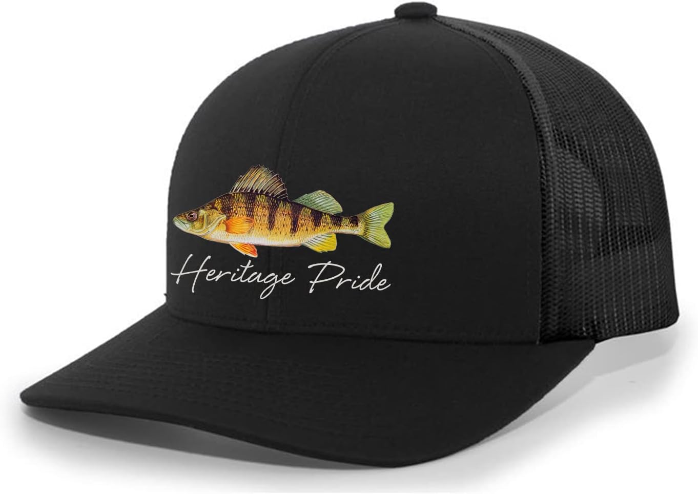 Heritage Pride Freshwater Fish Collection Perch Fishing Mens Embroidered Mesh Back Trucker Hat Baseball Cap