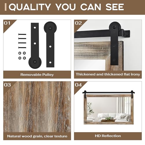 Image of COGOOD Farmhouse Barn Door Mirror - 41 inch x 26 inch Rustic Wood Framed Wall Mirror for Bathroom, Living Room, Entryway Wall Decor (Striped Brown)