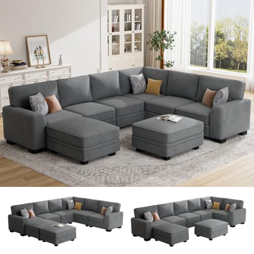 Legend Vansen Oversized Modular Sectional Sofa,U/L‑Shaped Reversible Couch with Ottoman,Deep Seat Corduroy Sofa for Living Room,8‑Seater,Grey