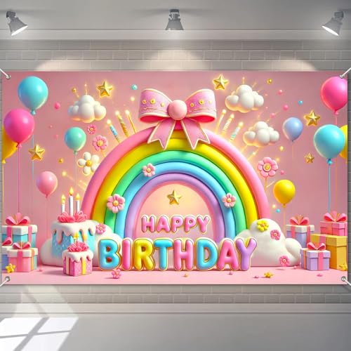 BlissYard Pastel Rainbow Happy Birthday Banner 71x43 Inch Pink Bow Cloud Balloon Backdrop Birthday Party Banner for Girls Kids Cake Star Decorations Cute Photo Wall Background Party Prop
