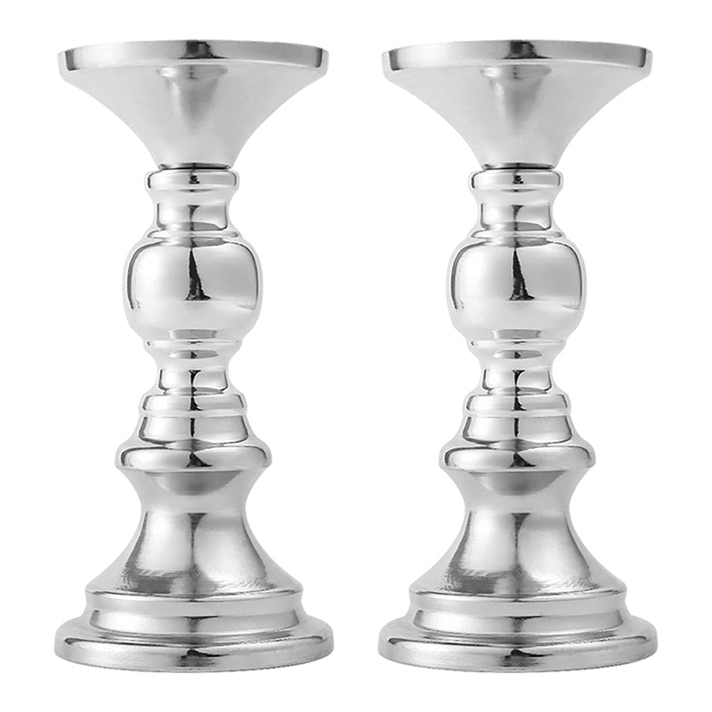 MagiDeal Vintage Kerzenständer 2er Set, Säulenkerzenhalter Tischdekoration Kerzenhalter Stumpenkerzen Adventskerzenhalter für Hochzeit Weihnachten Geburtstag Wohnzimmer - Silber