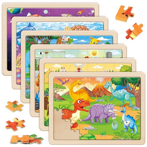 SYNARRY Wooden Puzzles for Kids Ages 4-6, 6 Packs 60 PCs Jigsaw Puzzles Preschool Educational Toys Gifts for Children Ages 4-8, Easter Basket Stuffers Valentines Day Gifts for Kids Boys Girls
