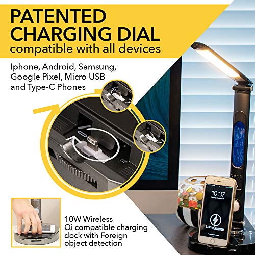 Lumicharge-Smart Eye Friendly Bedside Led Desk Lamp With Usb And Wireless Charging Station L Home Office Desk Decor Lamp L 3 Modes 10 Brightness L Date,Time,Temp I Compatible With Iphones And Iwatch #TOP2