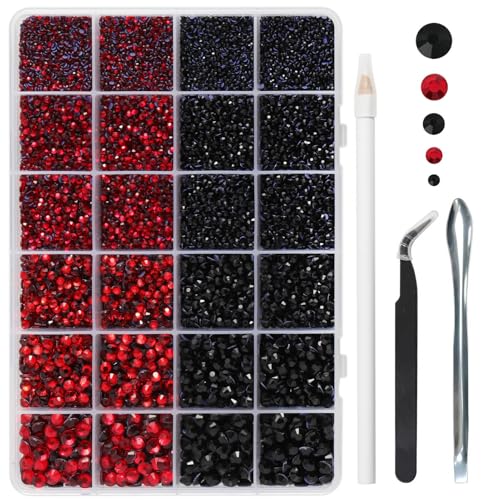 Hotfix Rhinestones Multi Sizes Kit, 14400 pcs Heat Fix Rhinestone for Bedazzling Clothes Crafts Mixed 5 Sizes with Wax Pencil, Tweezers and Spoon, SS6-SS30, Siam and Black