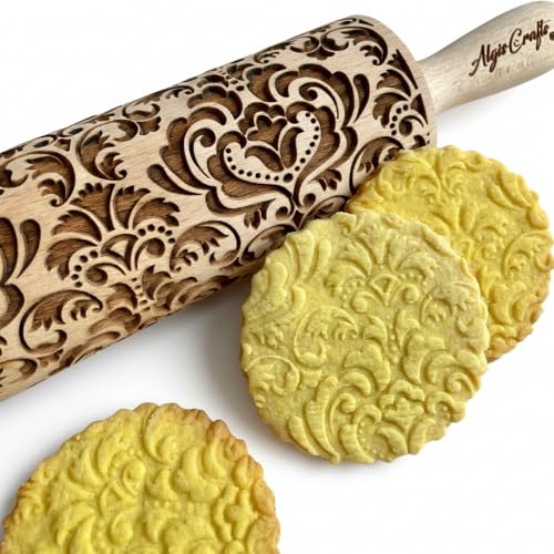 DAMASK Rolling Pin. Embossed cookies with flowers DAMASK PATTERN. Wooden embossing rolling pin with ORIENTAL FLOWERS for Homemade Cookies and Pottery by Algis Crafts