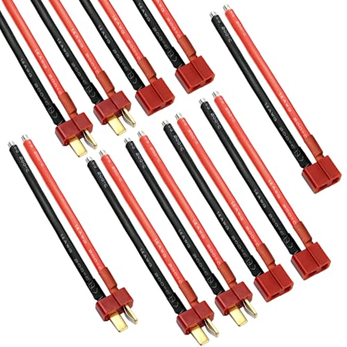 Hiteuoms Deans Connector T Plug - RC Battery Connector, Deans Female and Male Adapter with 14AWG 100MM Silicone Wire for RC Lipo Battery Cable Drone Car (5 Pairs)
