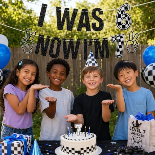 Black Glitter I Was 6 Now I'm 7 Birthday Banner, Two Fast Checkered Racing Theme 7th Birthday Party Decorations for Boys Girls, 6 to 7 Years Old Birthday Sign Garland Supplies — view 4