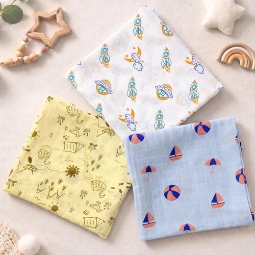 Image of NEW COMERS Cotton Muslin Baby Swaddle Set, Multicolor Printed Muslin Swaddle Wrap for New Born Baby, Soft Pure Cotton Sheet Baby Wrap Set, Baby Product (Swaddle 09)