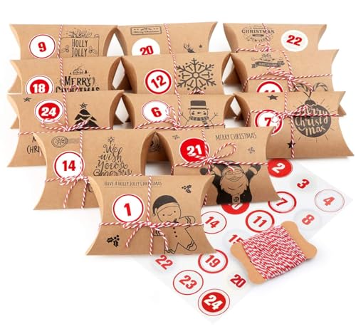 Anstore Advent Calendar Box, Christmas Kraft Paper Gift Box and 24 Self-adhesive Stickers, Advent Calendar Set Ideal for Jewellery, Sweets, Money Gifts and Personalised DIY Advent Calendar 2025