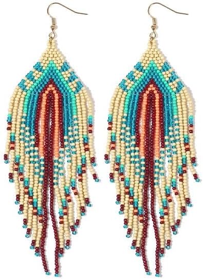 Bohemian Tassel Colorful Beaded Earrings For Women Trendy, Long Fringe Feather Drop Jewelry Handmade Gifts.