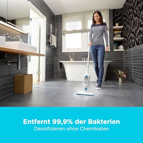 BLACK+DECKER 1300W 5-in-1 Dampfbesen Steam Mop (Dampfreiniger für hygienische, gründliche Sauberkeit, 5-teiliges Zubehörset + herausnehmbares Handdampfgerät, einfache Bedienbarkeit) FSMH13E5-QS