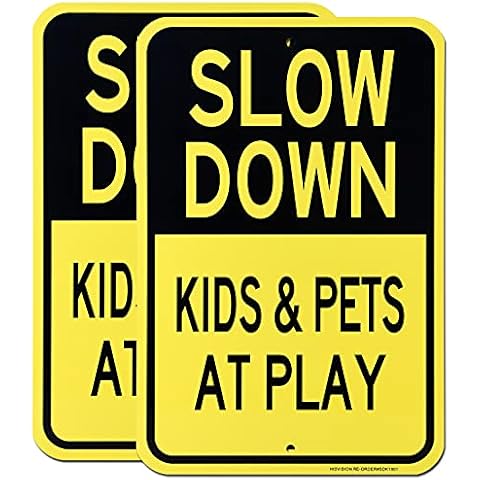Slow Down Sign, HISVISION 2 Pack Kids and Pets at Play Signs, Large 18"x12" Engineer Grade Reflective Sheeting Rust Free .63 Aluminum, Weather Resistant, Waterproof, Easy to Mount, Indoor/Outdoor Use Cover