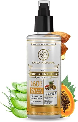 Khadi Natural Sunscreen SPF 60 PA++ with Kokum Butter & Herbal Extracts|Non-sticky | Diminishes skin blemishes| Paraben Fr...