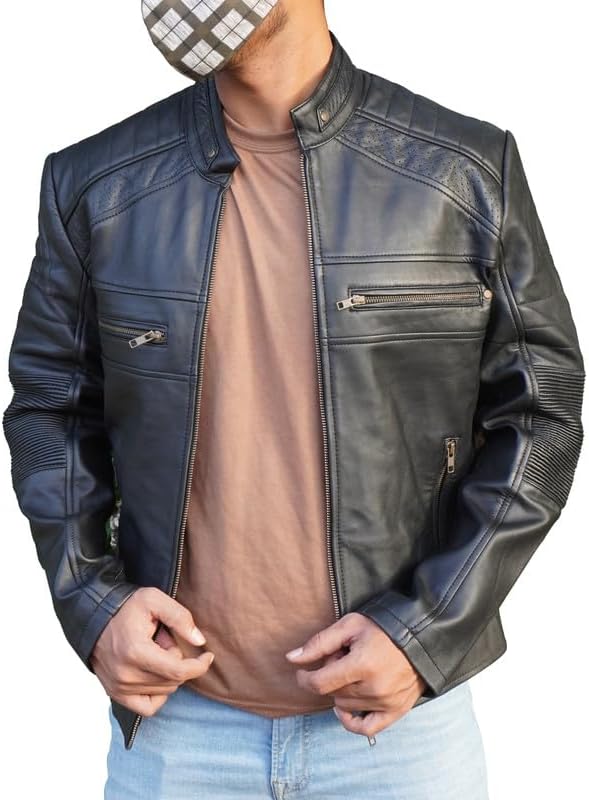STOREJEES Black Leather Jacket Men - Cafe Racer Style Leather Jacket Men
