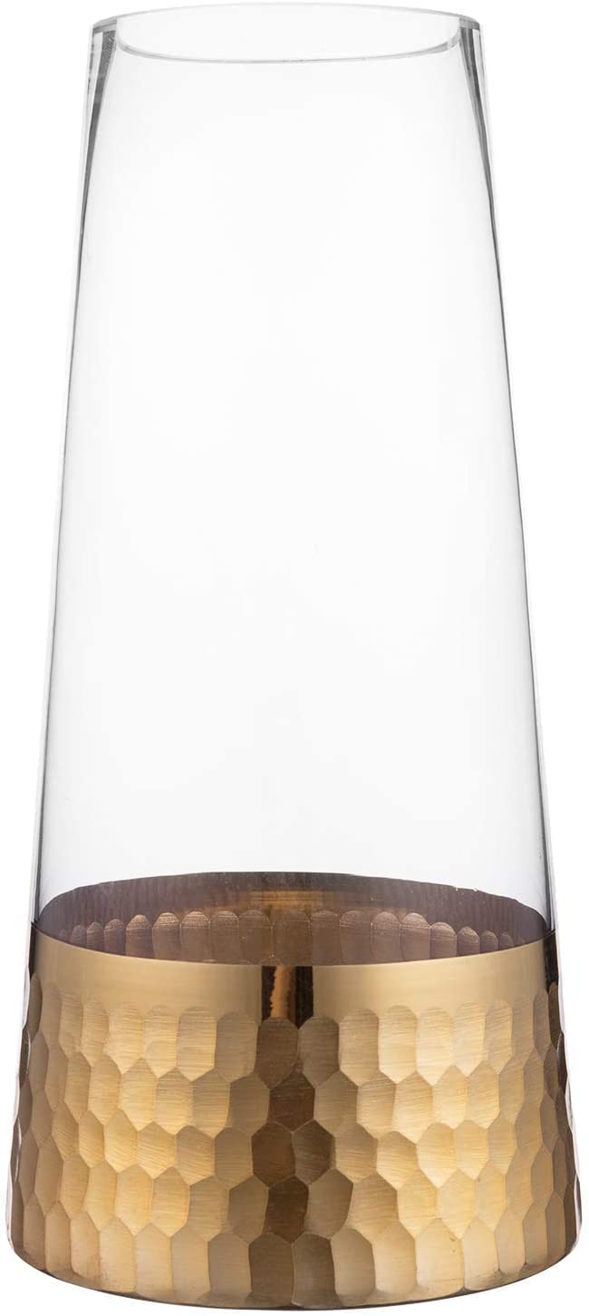 xingzhi Clear Glass Cylinder Flower Bouquet Vase Decor with Gold-Tone Metal Hammered Base Accent for Home, Office, Wedding, Events