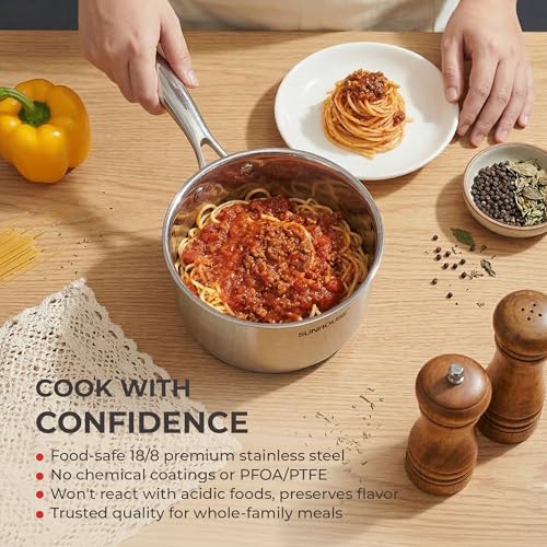 Image of SUNHOUSE 3 QT Sauce Pan with Lid, Full Clad 3-Ply Stainless Steel Saucepan | Small Cooking Pot & Milk Pan - Induction Compatible - PFOA Free, Oven & Dishwasher Safe, Stay-Cool Handle