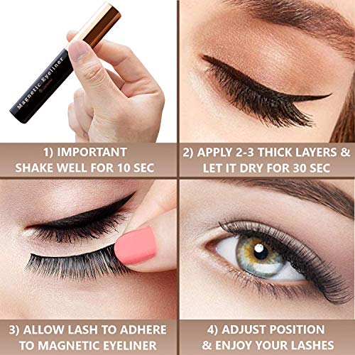 Magnetic Eyelashes with Eyeliner Kit, 5 Pairs Reusable Magnetic Lashes Set with 2 Big Tubes Magnetic Eyeliner, Free Tweezer Applicator, Mirror & Protective Gift Storage Box