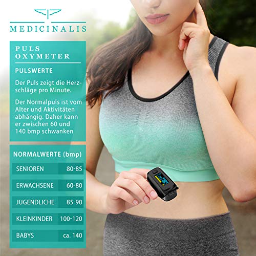 Medicinalis - Pulsoximeter Finger - SpO2 Pulsmesser – Fingerpulsoximeter - Messung von Puls und Sauerstoffsättigung am Finger – OLED Display - Batterieanzeige – Alarm – One Touch Bedienung