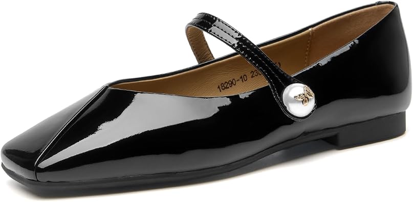 BEAU TODAY Womens Mary Janes, Genuine Leather Maryjane Flats for Women, Comfortable Ballet Flats with Adjustable Strap, Casual Square Toe Slip On Dressy Flat Shoes