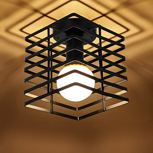 Phenas Matte Black Ceiling Light Retro Flush Mount Ceiling Lamp Industrial Close To Ceiling Light Fixture Indoor For Kitchen Hallway Living Room Porch Balcony Farmhouse, Square #TOP4