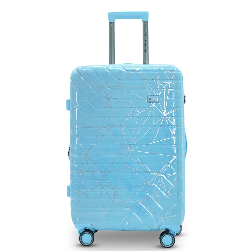 AMERICAN TRAVELLER Spider Trolley Bag – Large Polycarbonate | Hardshell Lightweight Expandable Travel Luggage Suitcase | 8 Metallic | 360 Rotatable Wheels | TSA Type Lock (24, Light Blue)