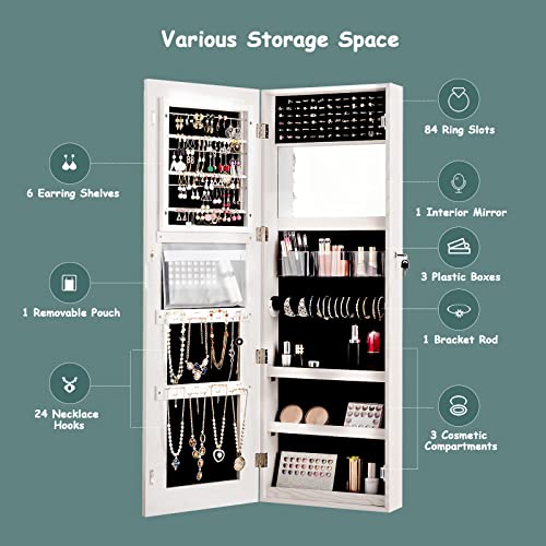 Costway Mirrored Jewelry Armoire, Wall Door Mounted Jewelry Organizer W/ Full Length Led Touch Screen Mirror & Large Storage, Lockable Jewelry Storage Cabinet For Living Room, Bedroom (White) #TOP2