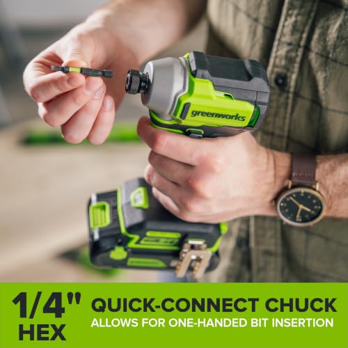 Image of Greenworks 24V Brushless Cordless Impact Driver (1900 in-lbs.), 1 /4 inch Hex Collet, 2.0Ah(12,000mAh Power Bank) USB-C Battery, 30W USB-C Charger & 3FT Braided Cable, 10PC Double-Sided Impact Bit Set