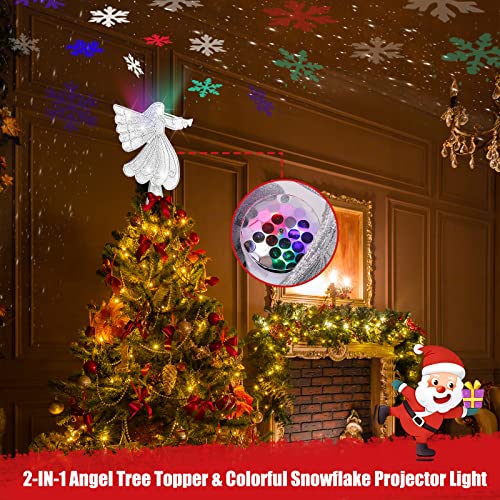 Christmas Tree Topper, Orenic Angel Christmas Tree Topper Lighted With Led Rotating Colorful Snowflake Projector, Hollow Angel Tree Topper For Xmas/Christmas Tree Decoration, Silver #TOP1