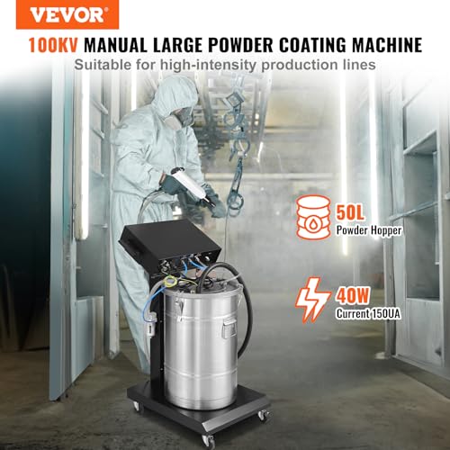 Image of VEVOR Powder Coating System - 40W 100KV Electrostatic Output Kit with 50L Powder Hopper, 450g /Min Spray Gun & Trolley Base, Indoor /Outdoor