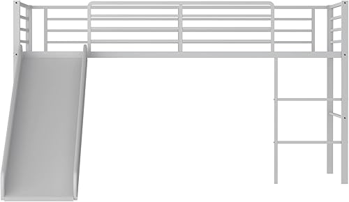 Miniatura 9 de Giantex Cama alta individual con tobogán, litera baja de metal con barandillas de seguridad y escalera integrada, marco de suelo de cama infantil