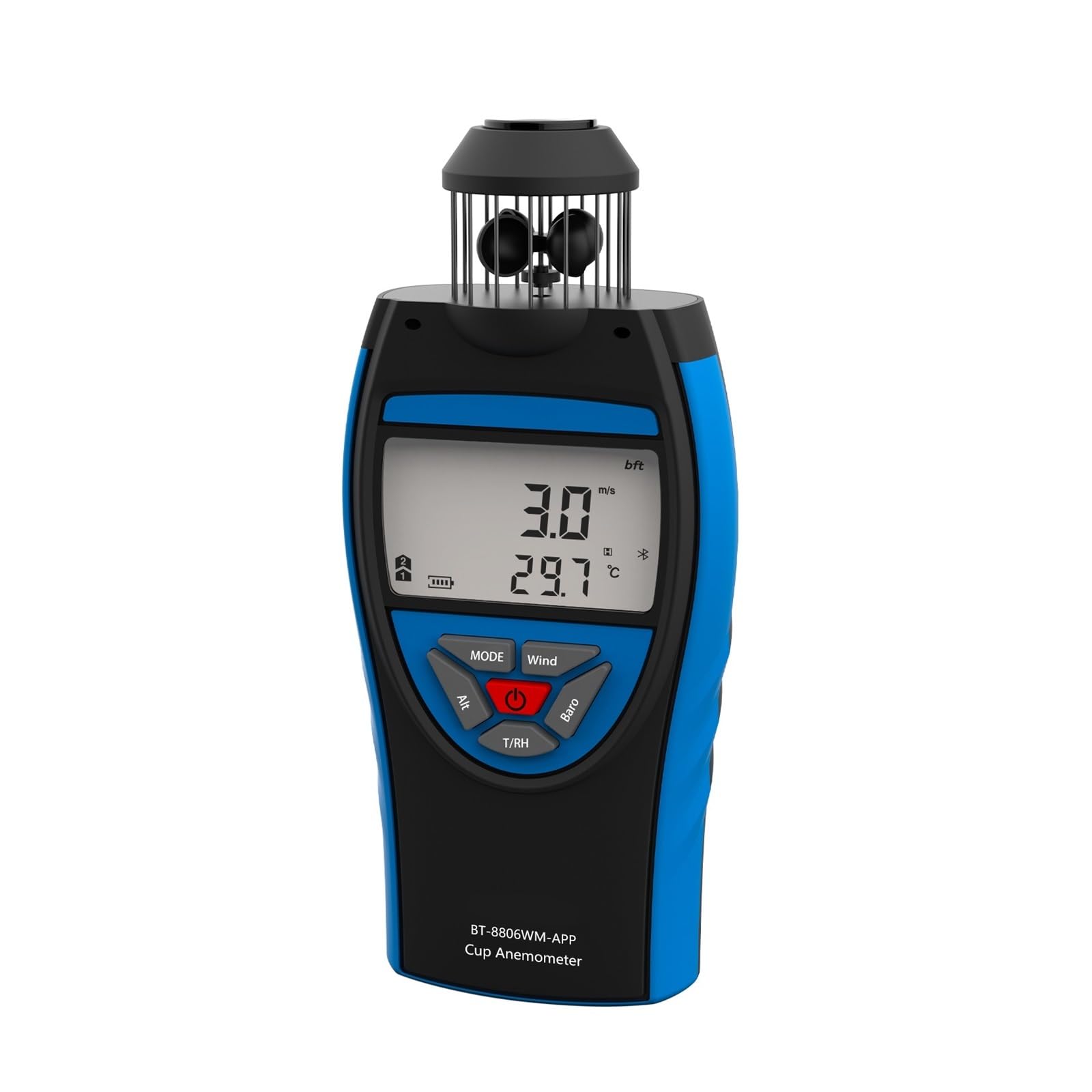 Anemómetro digital de 0,3~42 m/s, velocidad del viento por Bluetooth, volumen aire promedio HVAC, altitud CFM, barométrico, 8806-WM-APP