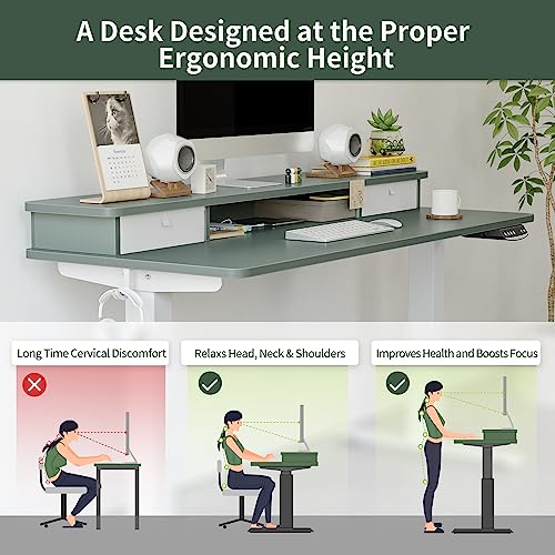 Image of FEZIBO 60 x 24 Inch Height Adjustable Electric Standing Desk with Double Drawer, Stand Up Desk with Storage Shelf, Sit Stand Desk, Green