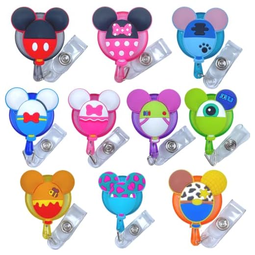 10 pc Cute Badge Reel Cartoon Characters Retractable Badge Reel id Holder | Mouse Ear Shape Character Princess Name Clips Extension Reels Lanyards Card Healthcare Pediatric Kids Nursery Health Care