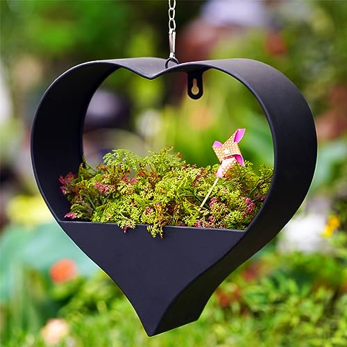 Yeomoo Metall Herzform Blumentopf Hängend Gartendeko für Draußen - Schwarz Pflanzkübel Deko für Garten Balkon Draussen Pflanzentopf Deko Wohnzimmer Hängetopf Geschenke für Frauen Mama Pflanztopf