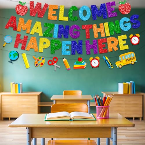 Image of Welcome Amazing Things Happen Here Banner,Welcome Back Banner School Decorations Welcome School Sign for Back to School Classrooms Decor