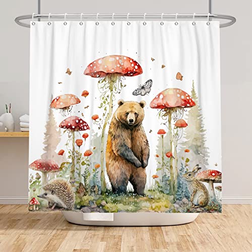Bear Shower Curtain Mushroom Woodland Shower Curtain For Bathroom Funny Wild Animals Bathroom Curtain Rustic Forest Country Waterproof Fabric Bath Curtain With Hooks 72"X72" Washable #TOP18