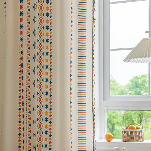 Image of Beige Geometric Curtains 102 Inches Long, Boho Farmhouse Light Filtering Rod Pocket Drapes with Tassel Trim for Bedroom Living Room, 2 Panels