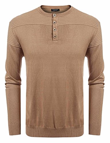 JINIDU Men's Casual Slim Fit Pullover Sweaters Knitted Henley Long Sleeve Thermal Brown
